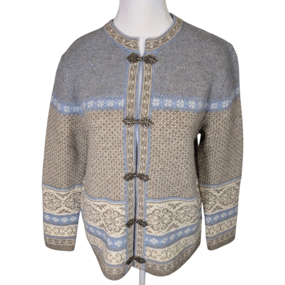 Susan Bristol Wool Nordic Cardigan Sweater Blue Tan Fair Isle Metal Clasp Small
